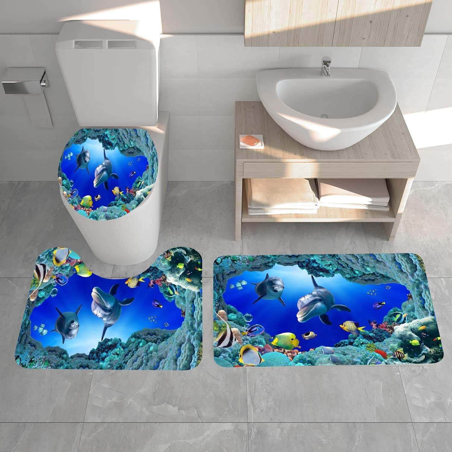 and Fishes Bathroom Sets with Rugs and Accessories Blue Ocean Seaweed Shower Curtains Set Bathroom Sets for Boys and Girls Underwater Sea World Bathroom Sets with Bath Mat