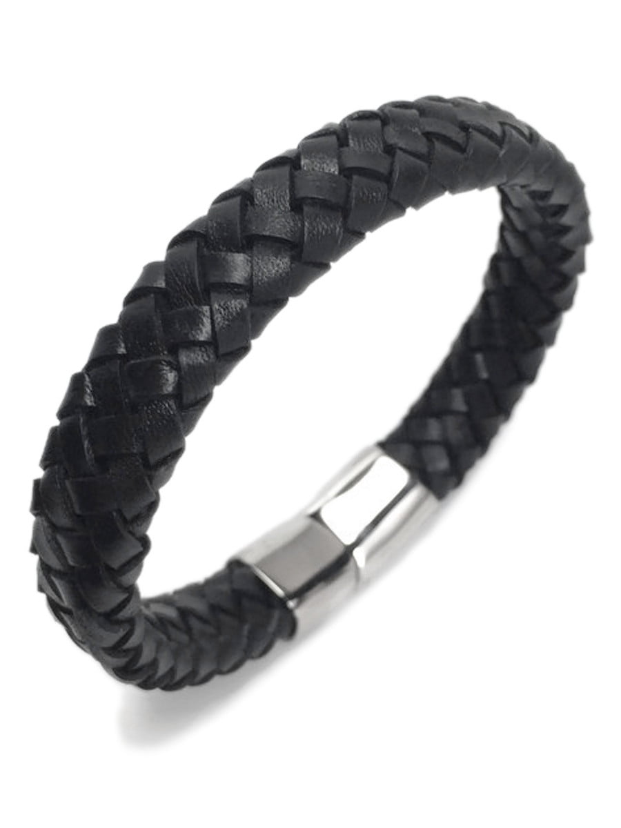 BAG Men's Stainless Steel 8.2" Black Braided Leather Magnetic Bracelet New 
