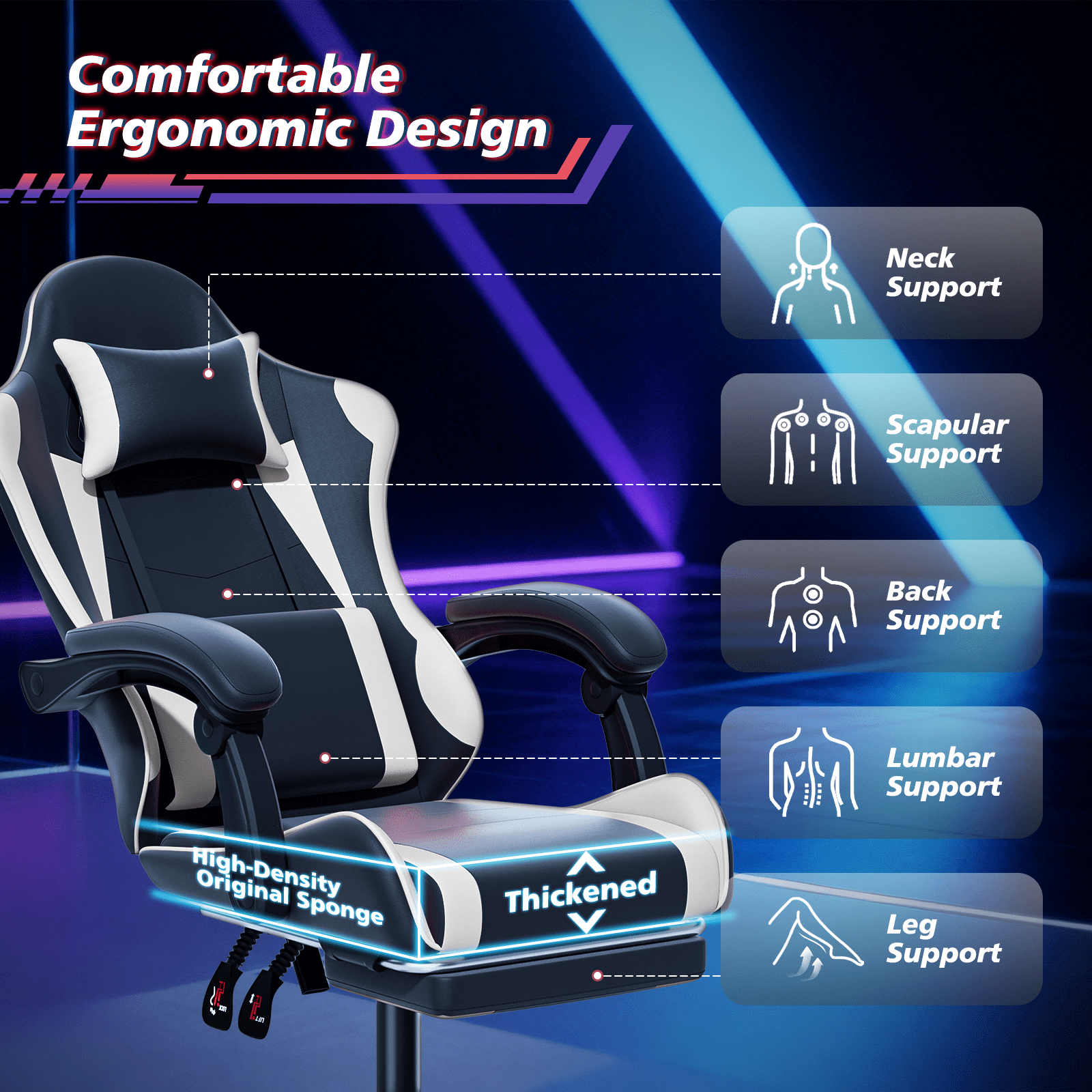 Magshion Ergonomic Gaming Chair with Headrest, Lumbar Support & Footrest - Adjustable Reclining Computer Chair for Adults, High Back Office Desk Chair, 350lbs Capacity， White