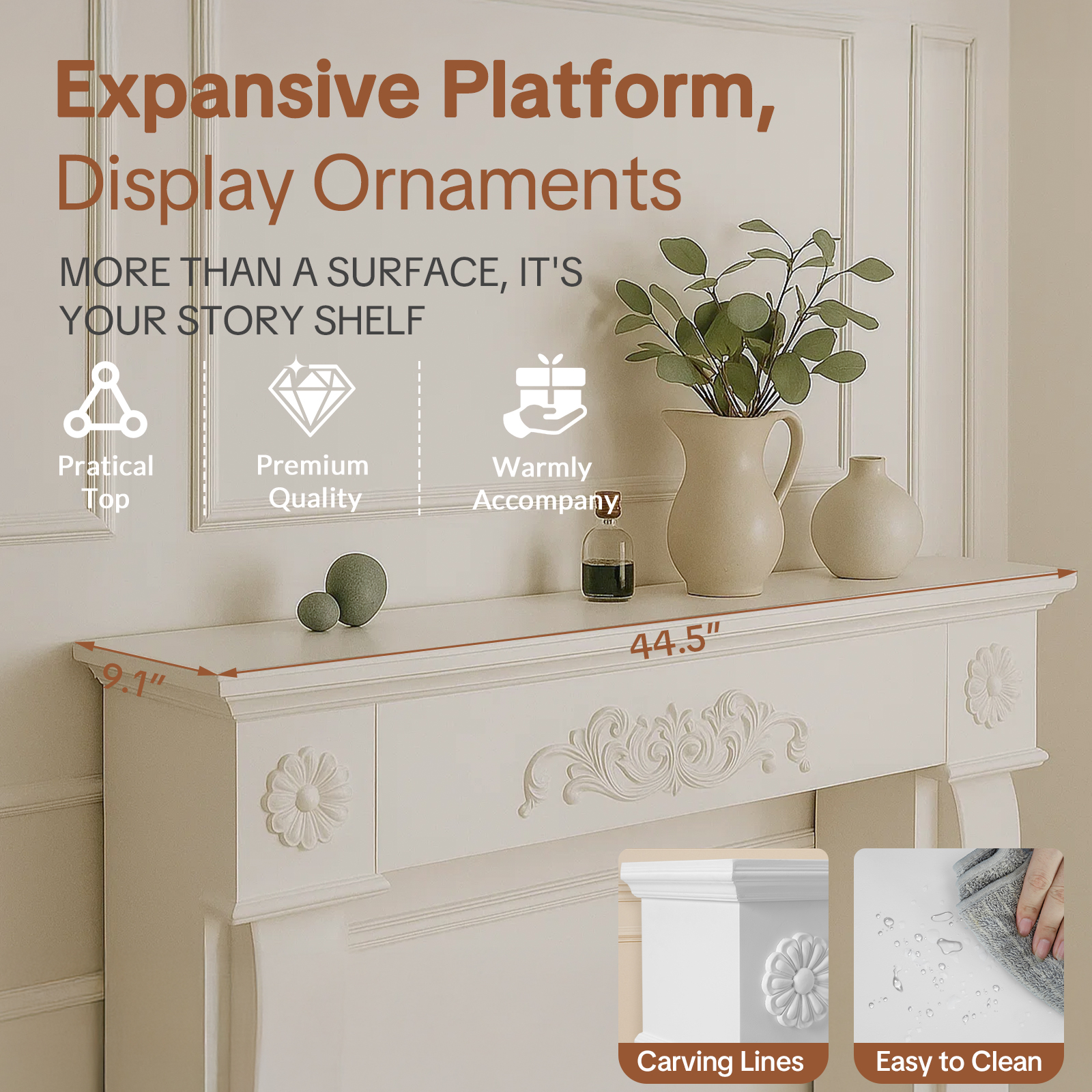 OUINCH 44.5" Fireplace Mantel, Freestanding Fireplace Surround with Leg for Electric Fireplaces, MDF Mantel Surround with Shelf for Living Room with Decorative Pattern, Anti-Tipping & Waterproof