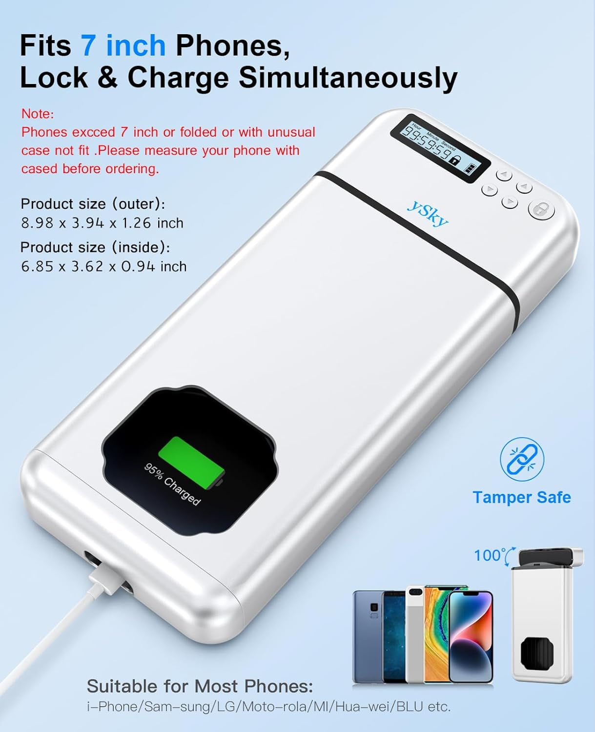 ySky Metal Cell Phone Lock Case with Timer,Portable Timed Phones Locker Box for iPhone and Android, Self-Control Help to Focus Back, Phone Jail Box 1PC Silver