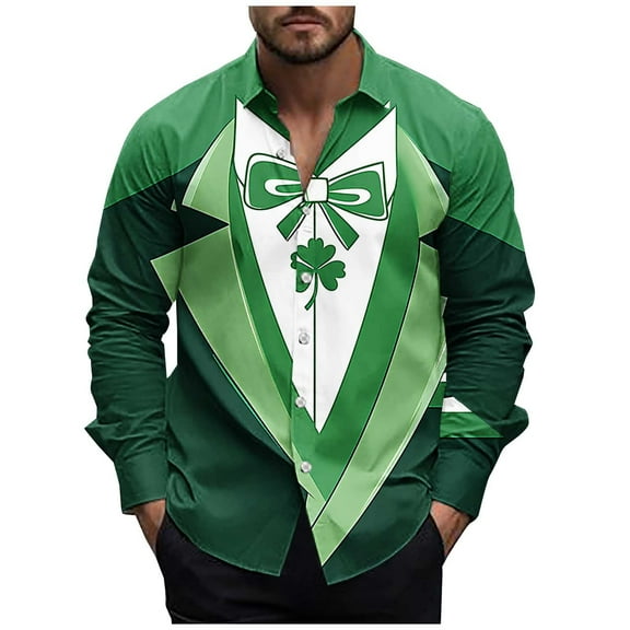 Mens St Patricks Day Shirt Ugly Leprechaun Costume Green Tuxedo Hawaiian Shirt Long Sleeve Holiday Tshirt