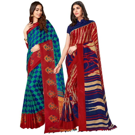 Pack of Two Saree for Women Printed Linen Silk Indian Wedding Sarees | Diwali Ethnic Gift Sari Combo