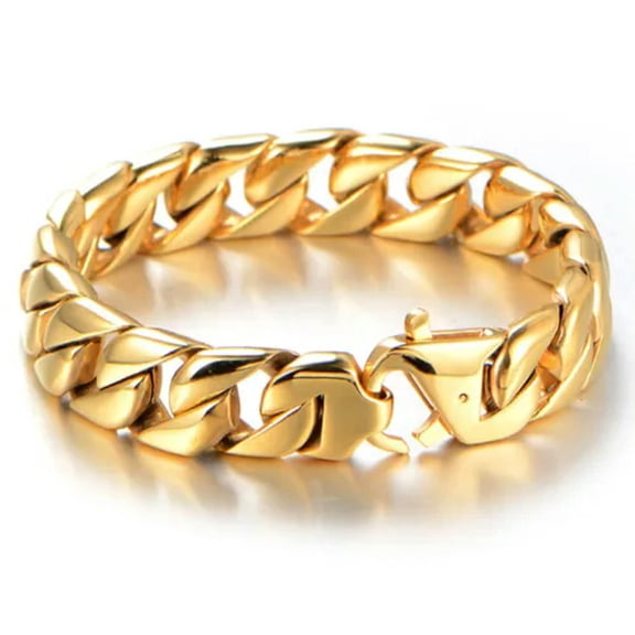 QQTDFG 7"-11" High Polished 15mm 316L Stainless Steel Curb Cuban Chain Bracelet for Men-Gold-8.5 in