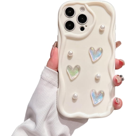 3D Pearl Love Heart Wavy Frame Phone Case for iPhone (Pink,iPhone 15 Pro Max)