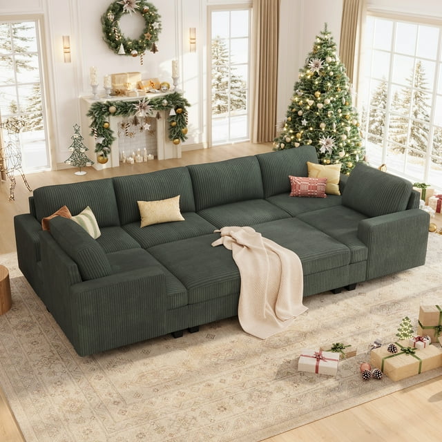 HONBAY Sectional Sofa Bed Corduroy Sleeper Set with Reversible Storage for Living Room, Green