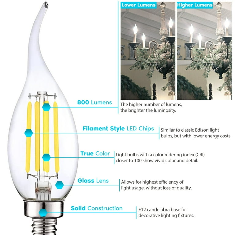 Luxrite Candelabra LED Light Bulbs 100W Equivalent 800 Lumens 7W