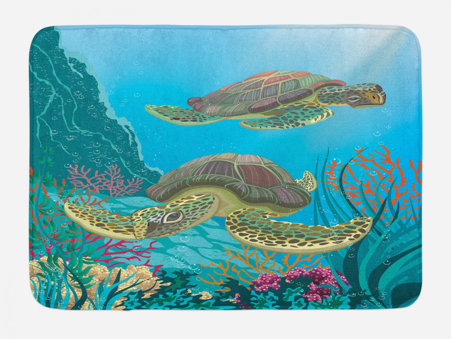 Sea Animals Bath Mat, Illustration of Two Sea Turtles Swimming