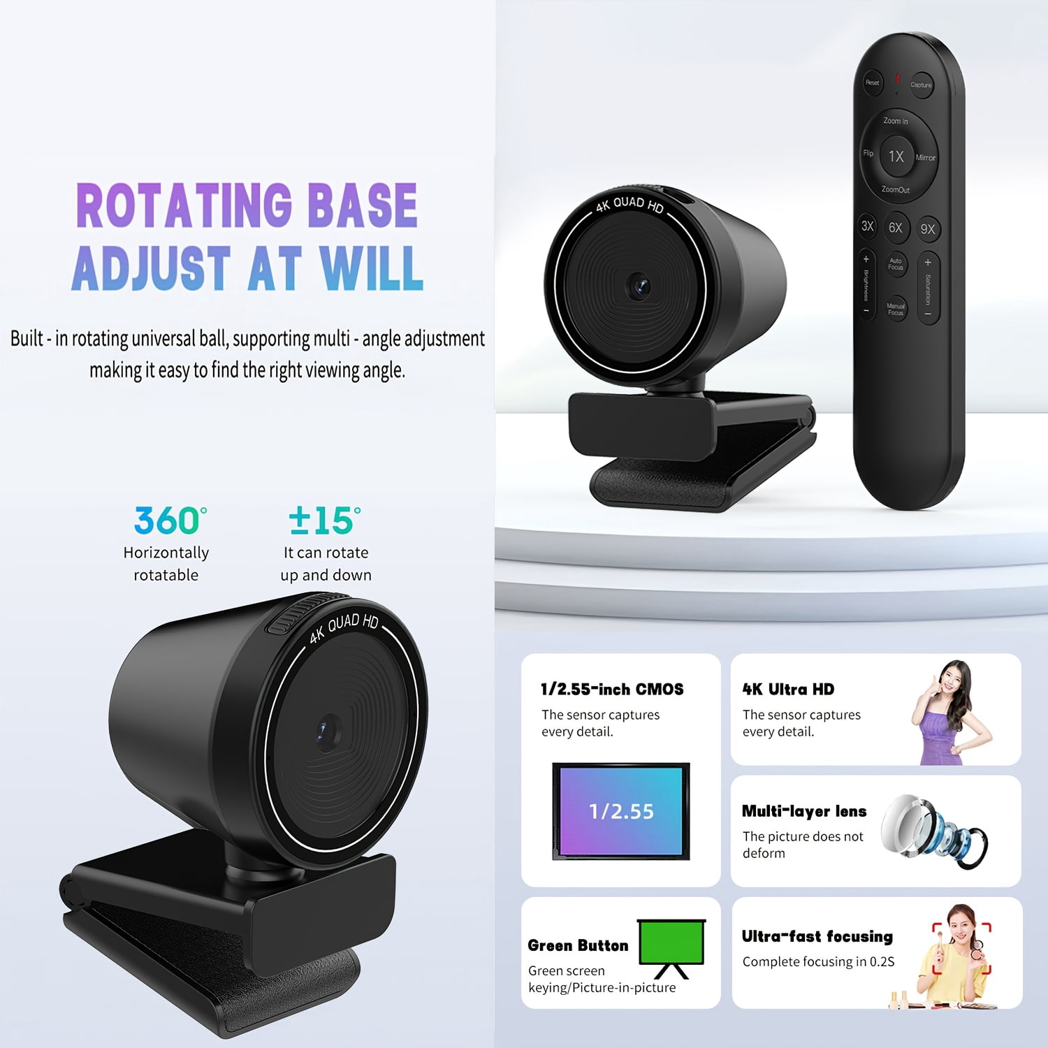 4K Ultra HD Webcam Of Pc, Auto/Manual Zoom, 9xZoom, Plug And Play, Built-in Privacy Cover, White Balance, Webcam with Microphone, 4K Webcam for PC/Laptop/Desktop, Video Calling, Conference