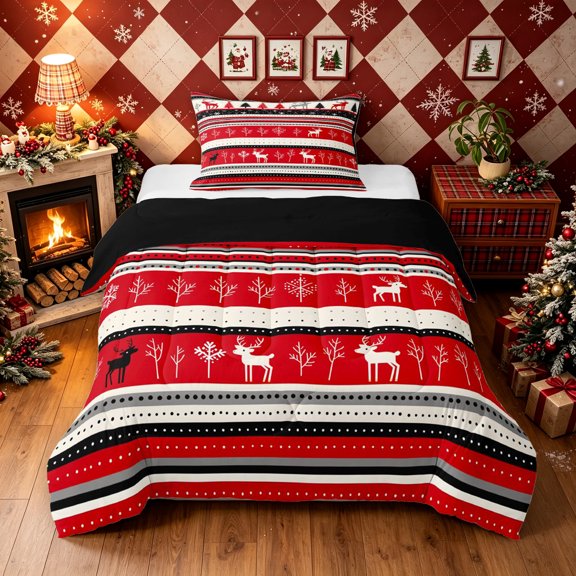 Erosebridal Christmas Tree Twin Comforter Sets, Vintage Abstract Bedding Set, Red White, Black Reversible, 2 Pieces, 1 Comforter and 1 Pillowcase