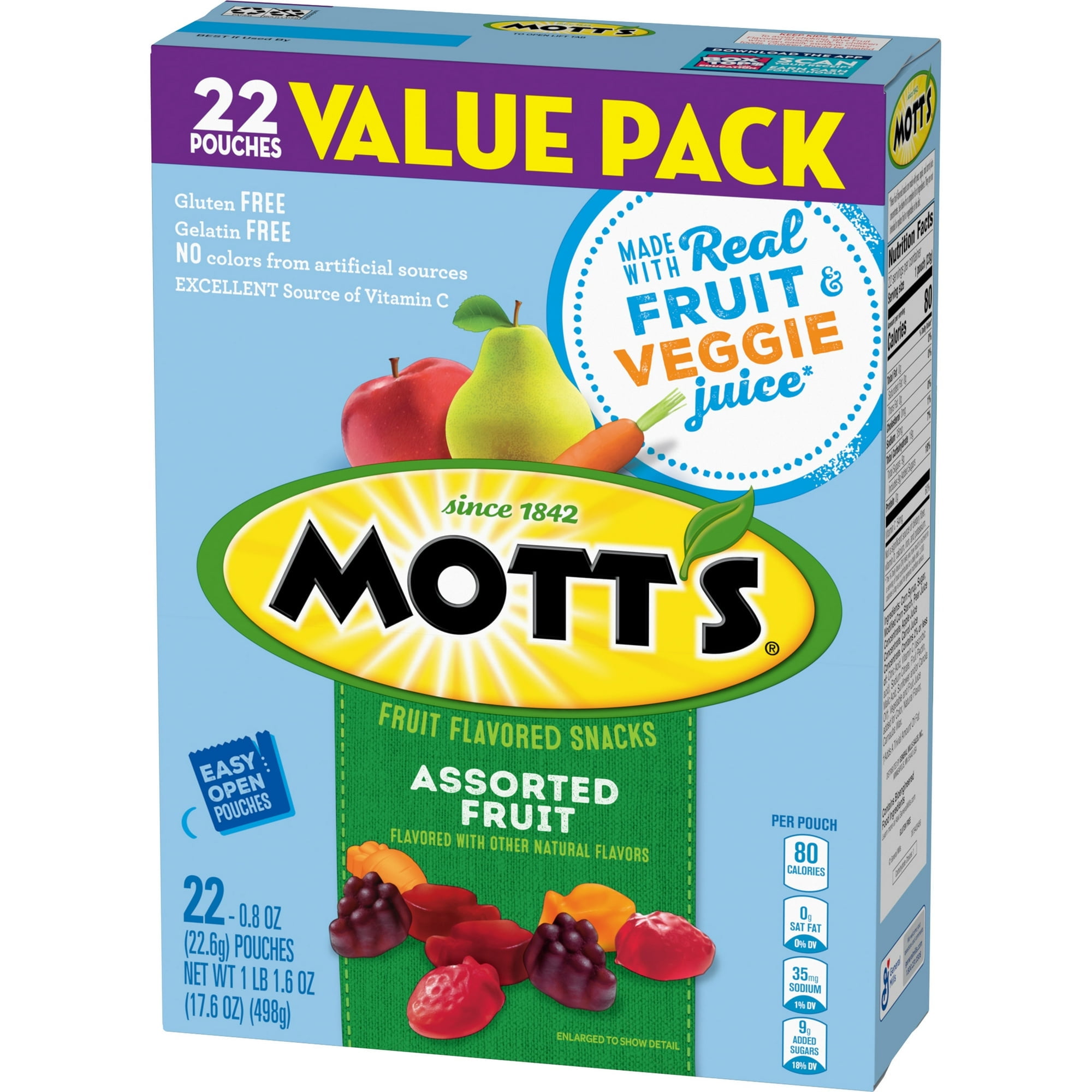 Mott's Fruit Flavored Snacks Assorted Fruit Gluten Free Value 22 Pouches 17.6 oz (Pack of 4)