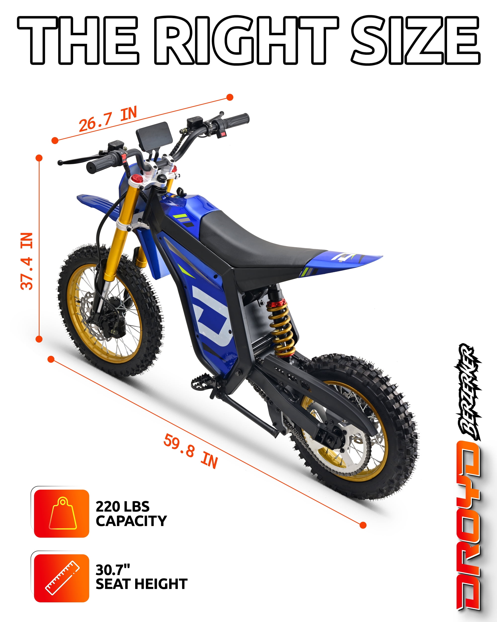 Droyd Berzerker Electric Dirt Bike for Kids 13+, Teens & Adults – 3000W Peak Motor, 48V 30Ah LFP Battery, 42 MPH Max Speed, 50 Mile Range, Hydraulic Brakes, Adjustable Suspension, Off-Road