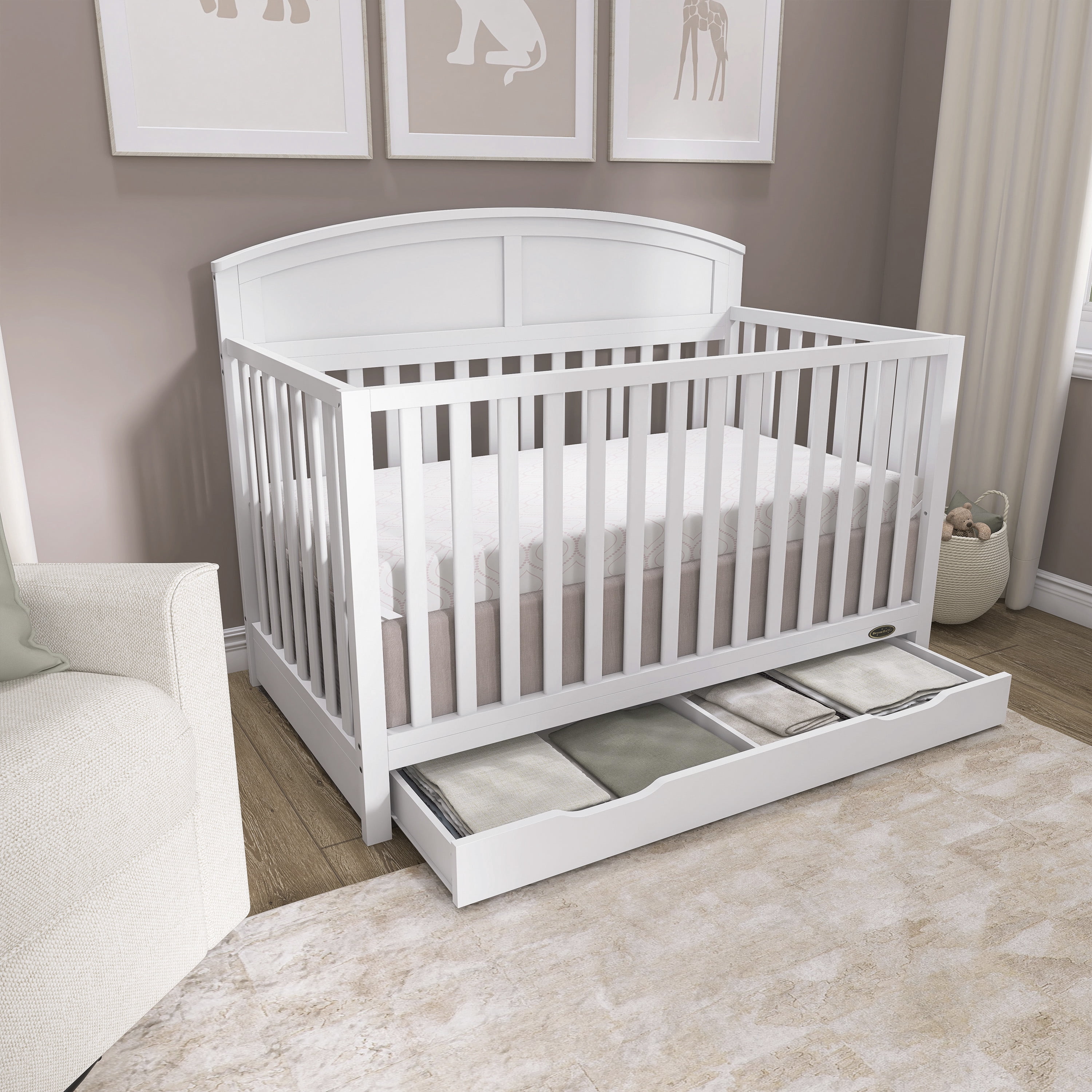 Dream On Me Storybrooke 5 in 1 Convertible Crib with Under Drawer, White
