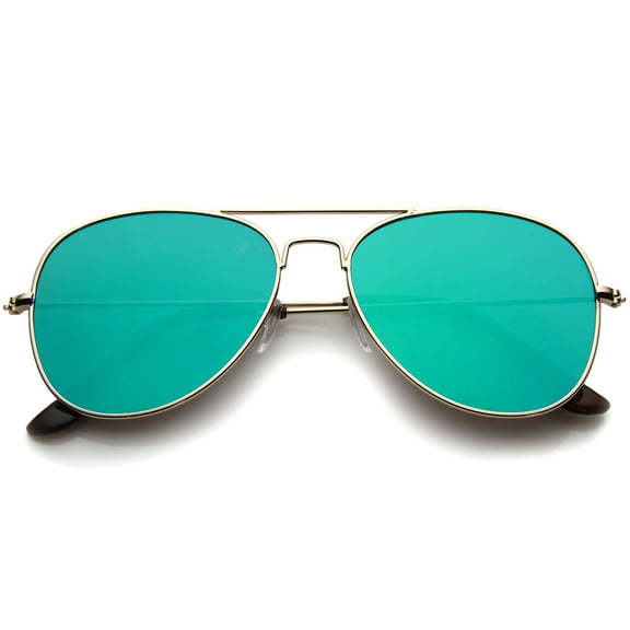 sunglassLA Unisex Classic Double Bridge Colored Mirror Flat Lens Aviator Sunglasses (Gold / Green Mirror) - 55mm