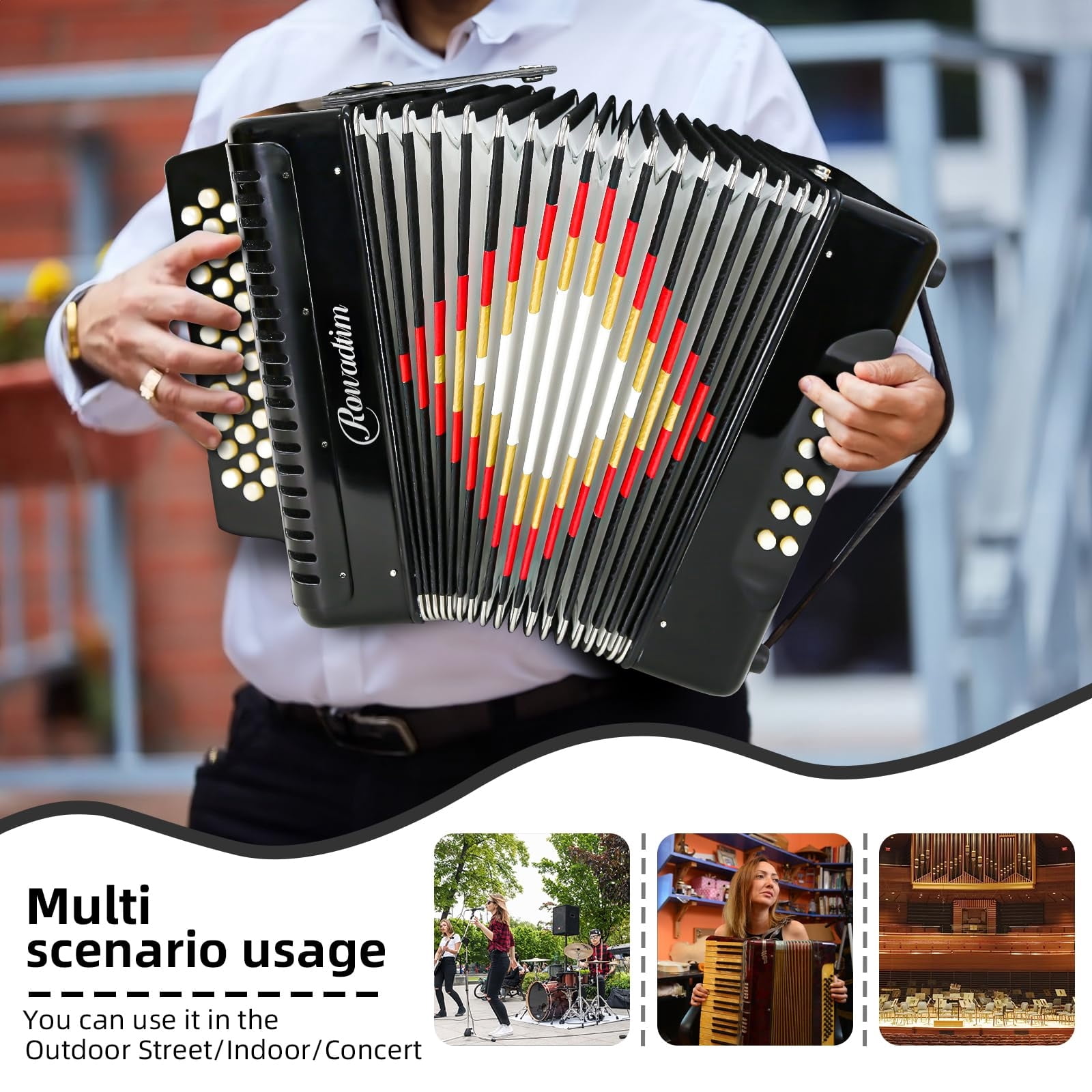 Rowadtim 31-Key Accordions, 12-Bass Diatonic Accordion, Ideal for Beginners; Tuned to F/B/E, Perfect for Musicians and Teachers; Comes with a Carrying Case, Shoulder Strap, Gloves（Black）