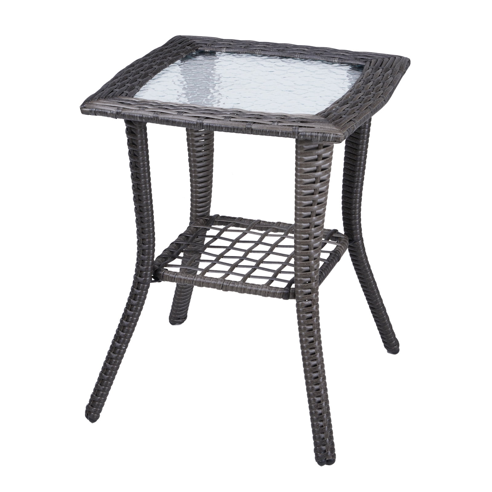 Wicker Side Table with Glass Table Top, Square PE Rattan Outdoor End Table for Patio, Garden, Poolside, Deck w/UV-Resistant Frame, Storage Space, Gray