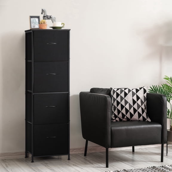 Tall 4-Drawer Fabric Dresser, 51" Black Storage Tower with Wood Top for Closet, Bedroom, Entryway, Small Spaces