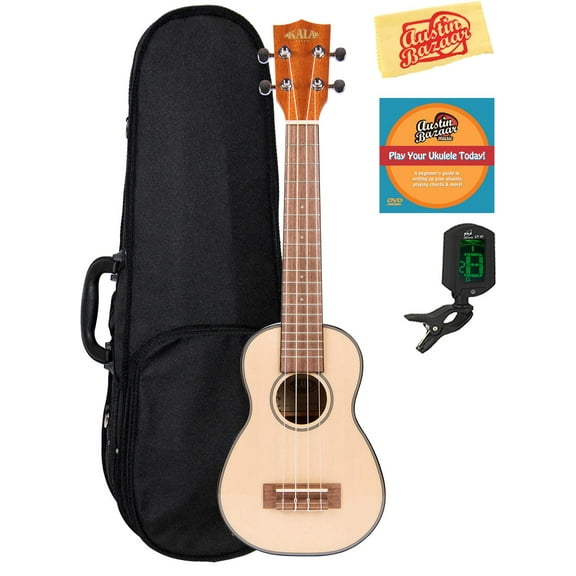 Kala KA-SSLNG Solid Spruce Mahogany Long Neck Soprano Ukulele Bundle with Hard Case, Tuner, Austin Bazaar Instructional DVD, and Polishing Cloth
