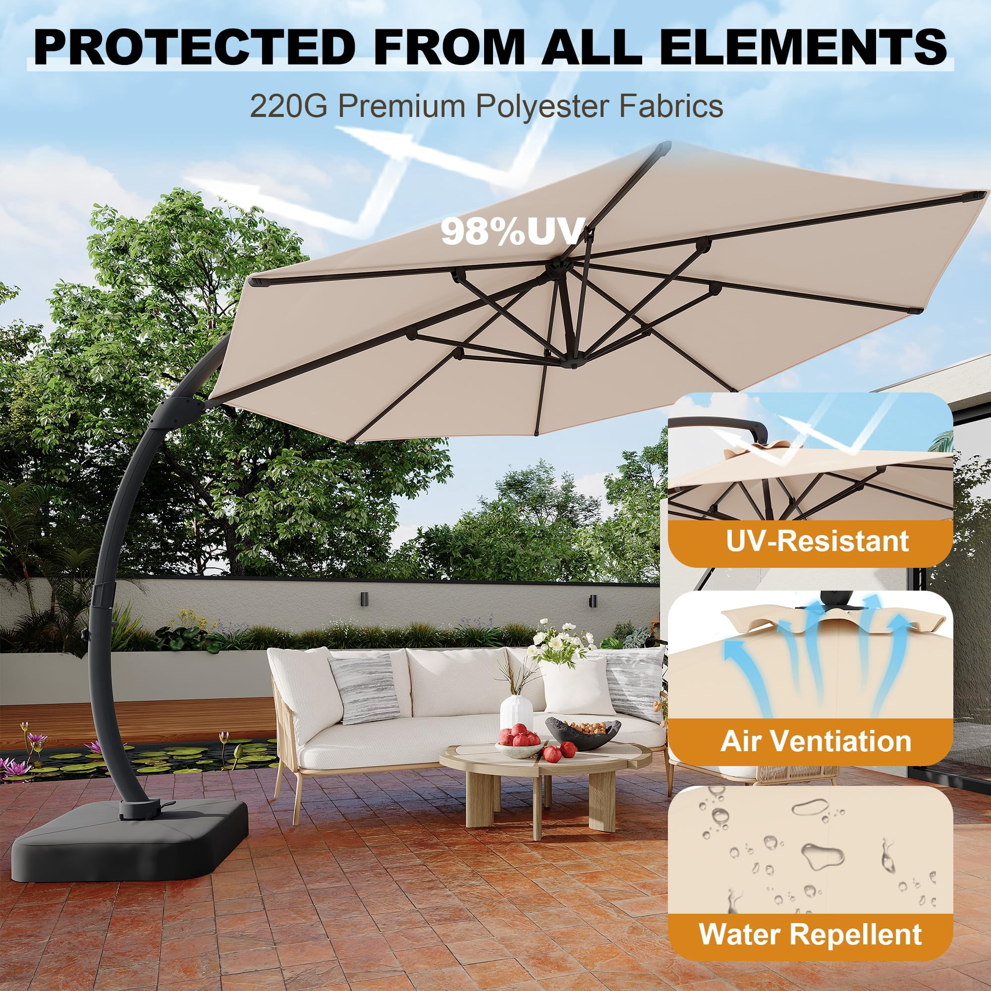 Memoryfield Outdoor Large Round Aluminum Cantilever Market Umbrella, Heavy-Duty Offset Patio Umbrella with 360° Rotation & Base Included, Khaki