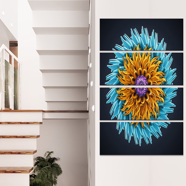 Yellow Blue Abstract 3D Flower - Flowers Canvas Wall Artwork