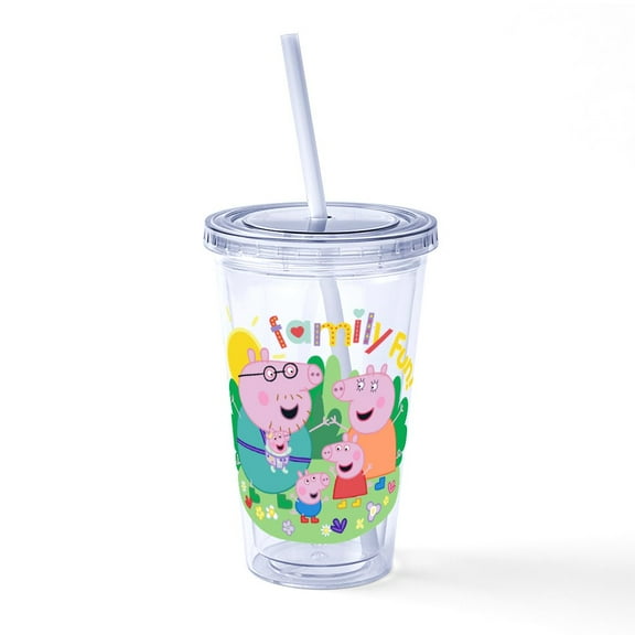 CafePress - Peppa Pig: Family Fun! - 16 Ounce Classic Clear Insulated Double Wall Tumbler Cup with Lid Straw , Reusable