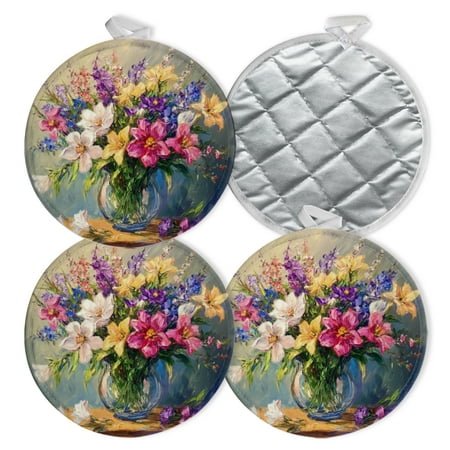 

4 PCS Pot Holders for Kitchen Potholders Sets with Hook for Oven Cooking Baking Rich Tapestry Of Flowers In Glass Vase
