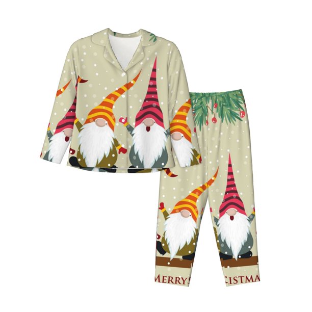 Balery Christmas Card With Gnomes Conjunto de Pijama con Estampado para Mujer, Conjunto de Dos Piezas con Manga Larga, Ropa de Dormir Suave con Bolsillos, Pijamas Cómodos-Medium