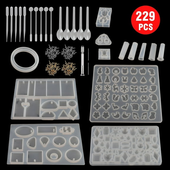 229pcs Silicone Resin Molds Set for Jewelry Casting, DIY Jewelry Craft Epoxy Resin Making Kit, Resin Casting Molds Art Craft Project Gift Making Tools Set for Beginners