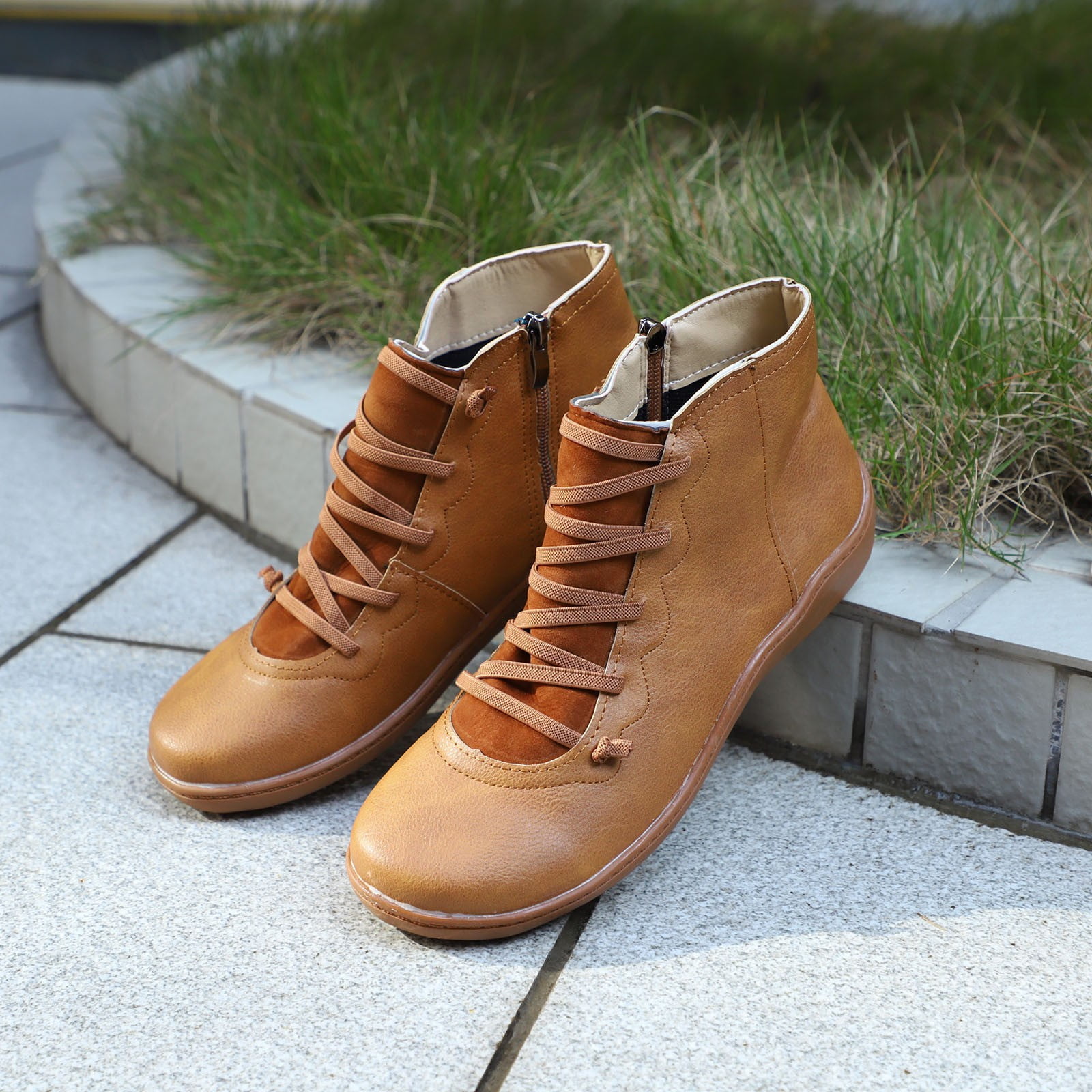 Bottines Plates Femme En Cuir Synthétique - Fermeture éclair Latérale, Style Vintage - 13