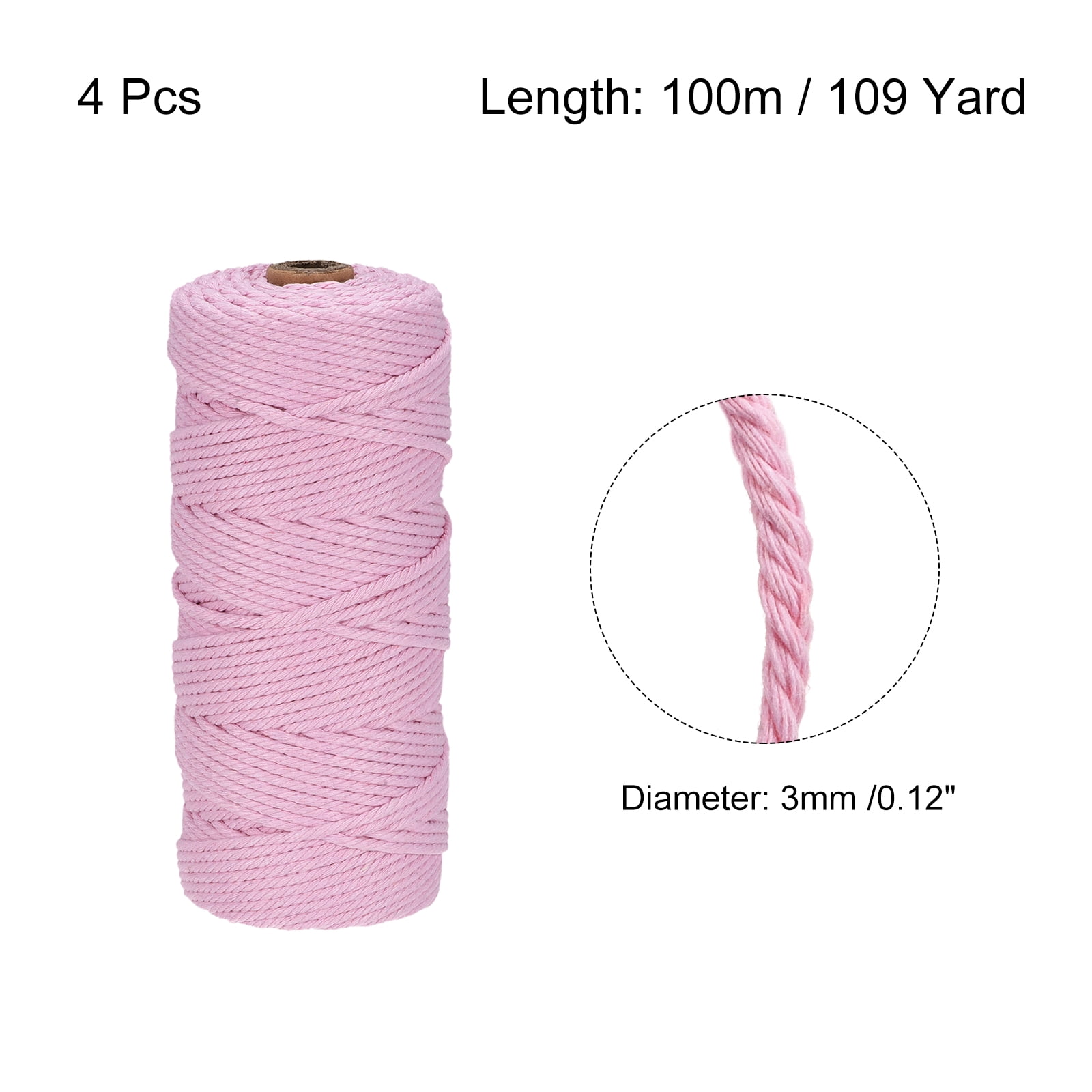 4 Pcs Cotton Rope 4 Strand Twisted Braided Rope Cord, Bright Pink 100m/109 Yard 3mm Dia for Wall Hanging Plant Hanger