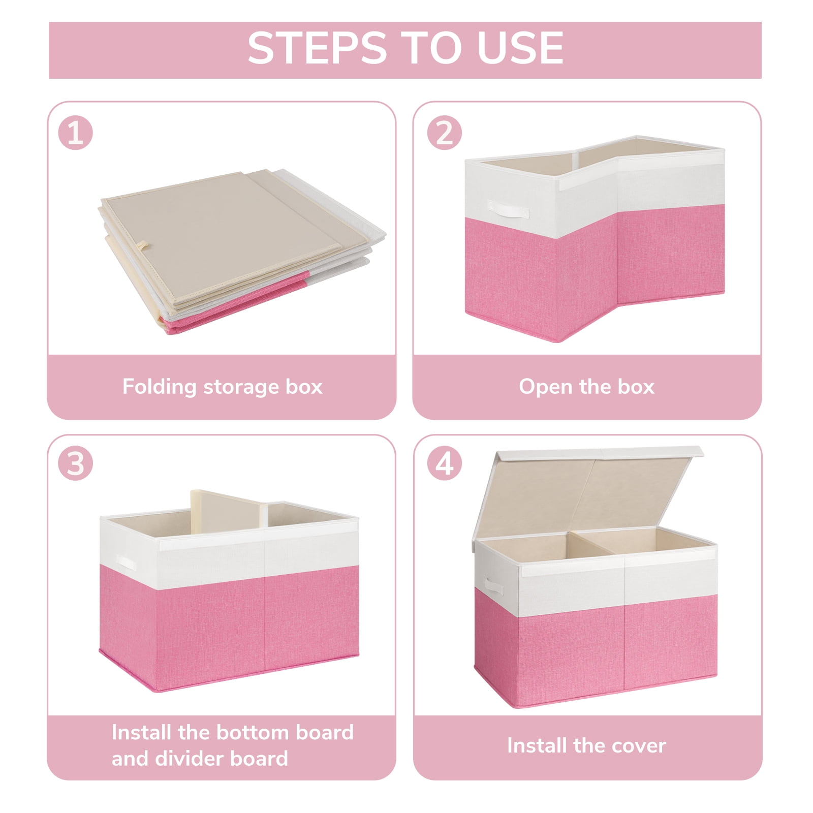 Large Toy Storage Box with Lids, Collapsible Sturdy Baby Storage Organizer Chest Bin Basket for Kids, Boys, Girls, Playroom, Nursery, Bedroom, Closet 25"x13"x16" (Pink & White）
