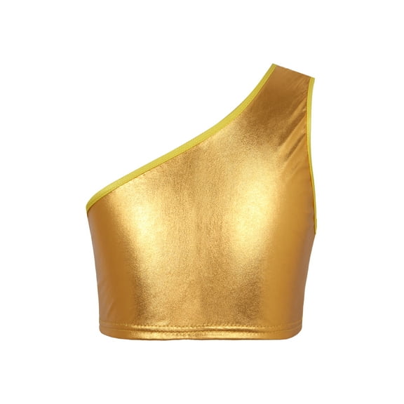 Runhomal Kids Girls Metallic Tank Crop Tops Single Shoulder Dance Yoga Workout Sports Bras Gymnastics Gold 130-140