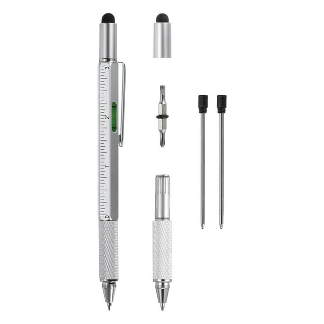 Unique Bargains 6 in 1 Metal Multitool Tech Tool Pen Gifts for Men with Ballpoint Pen, Ruler, Screwdriver, Stylus, Refills, Silver