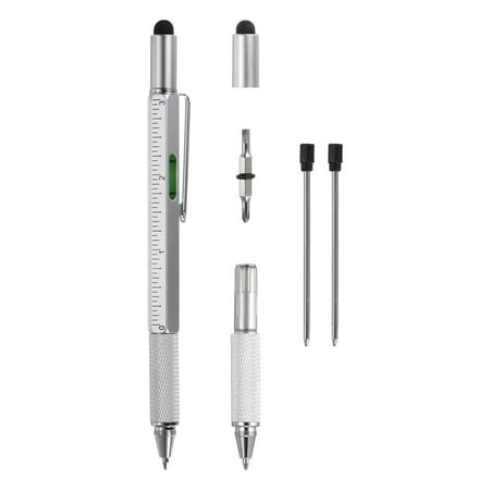6 in 1 Metal Multitool Tech Tool Pen Gifts for Men with Ballpoint Pen Ruler Screwdriver Stylus Refills Silver