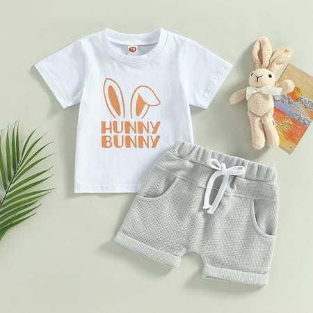 

Lamuusaa 2Pcs Easter Bunny Baby Boys Short Set Short Sleeve Rabbit Ears Letters Print T-shirt with Rolled Hem Shorts