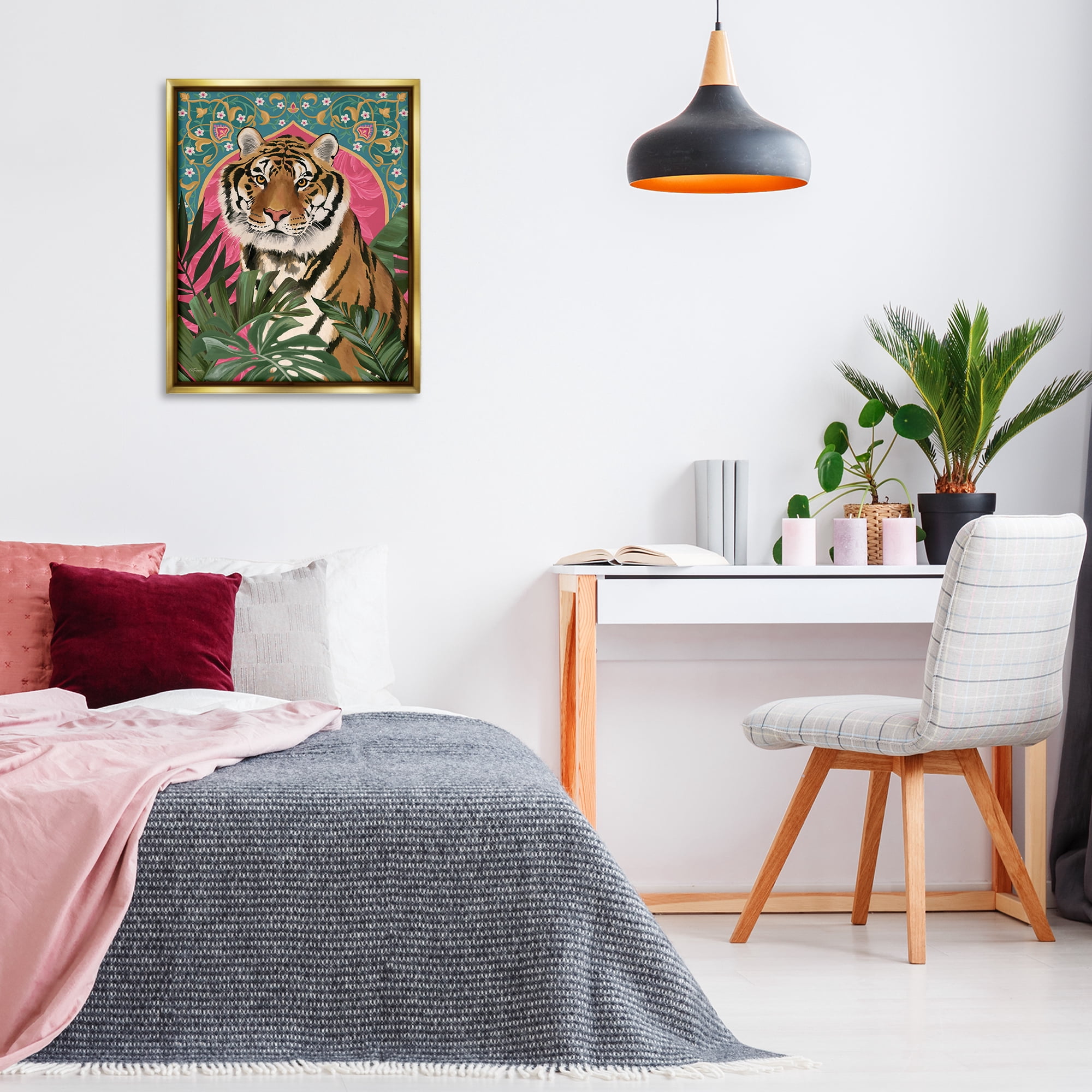Stupell Industries Arabesque Tiger & Plants Animals Painting Gold Floater Framed Canvas Art Print Wall Art, 25 x 31