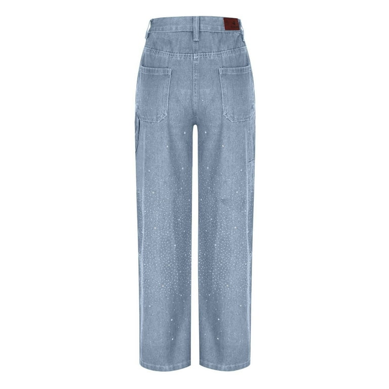 Generic Womens Rhinestone Rhinestone Jeans Baggy Wide Leg Pants