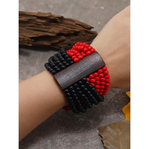 QQTDFG Black and Red Wooden Layered Beaded Bracelet Women Bracelet Stackable Bracelet-default