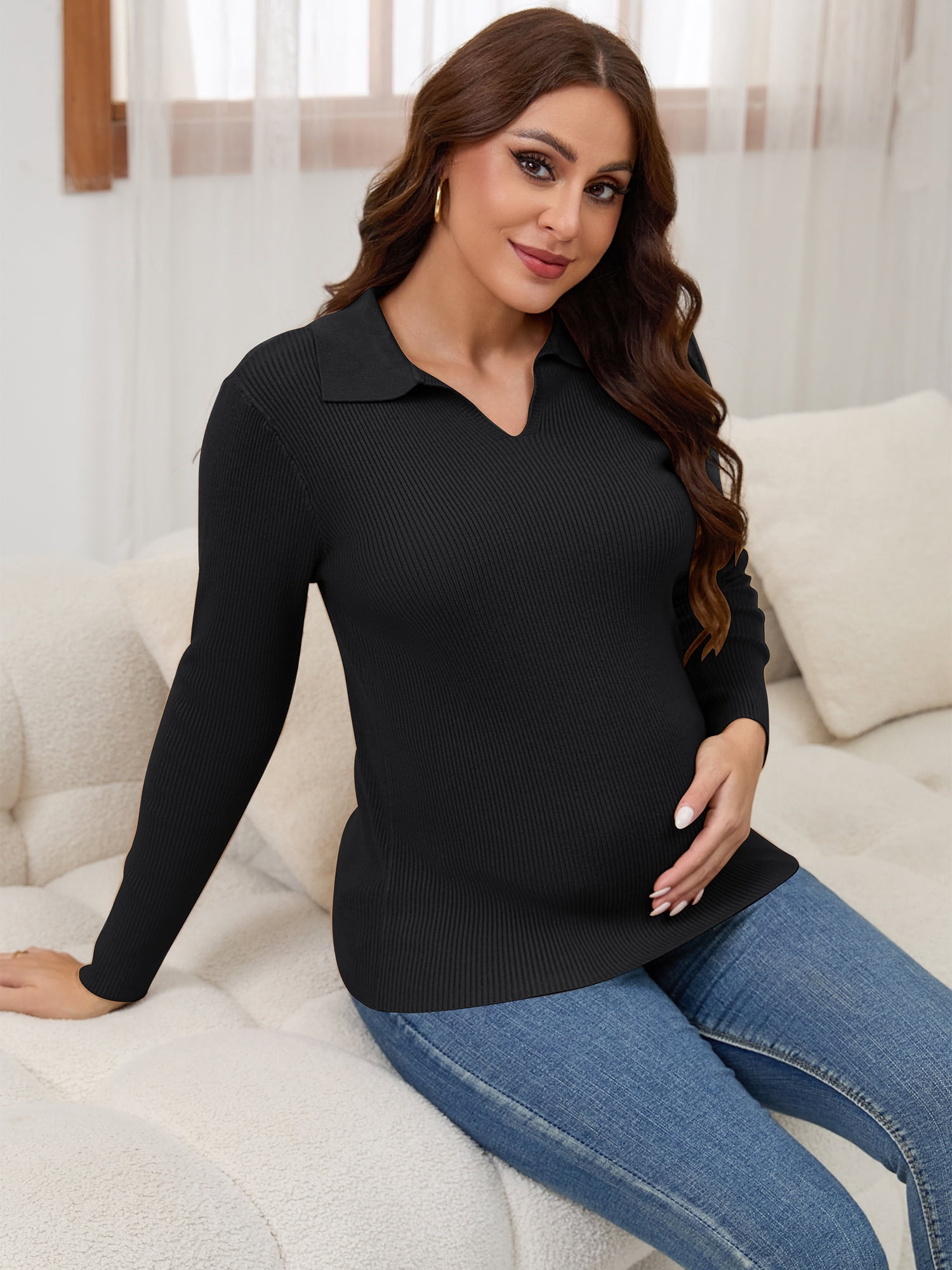 DARING DIVA Women's Maternity Sweater Ribbed Pullover Polo Sweater 2XL Black