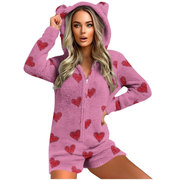 Mono cálido con capucha y orejas para mujer, estampado de manga larga, pantalones cortos, mono corto con cremallera, bolsillo, ropa de dormir, ropa de casa, tops de poliéster para mujer