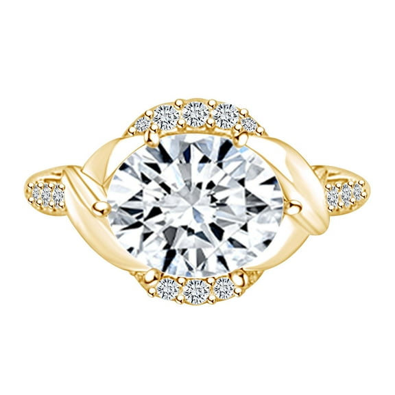 AFFY 2.08 Carat Oval Shape Moissanite & Natural Diamond Engagement Ring 14K Solid Yellow Gold Ring Size-5