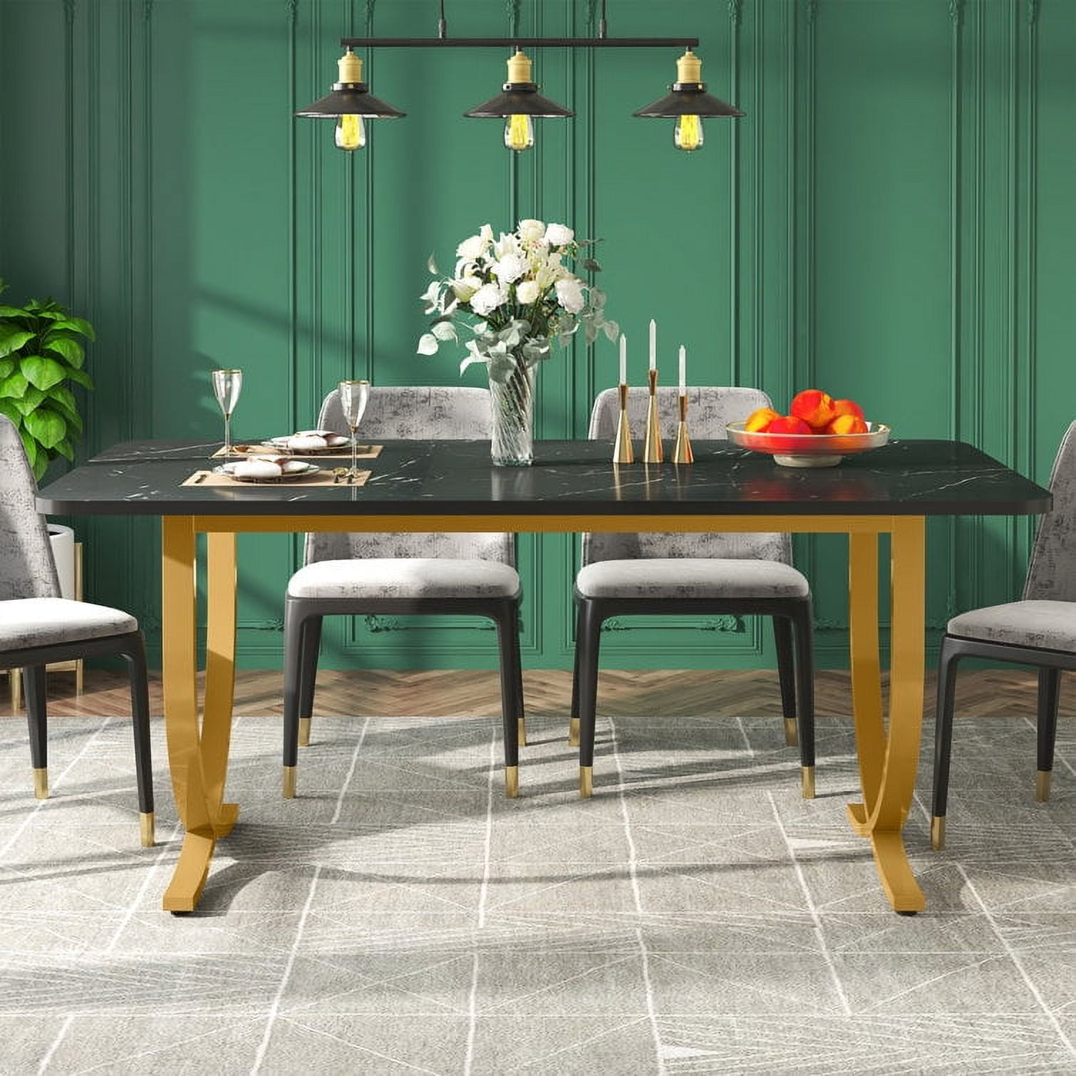 Tribesigns Rectangular Dining Table for 4 to 6, 63-Inch White and Gold Modern Kitchen Table with Faux Marble Table Top and Metal Legs for Dining Room, Kitchen or Living Room