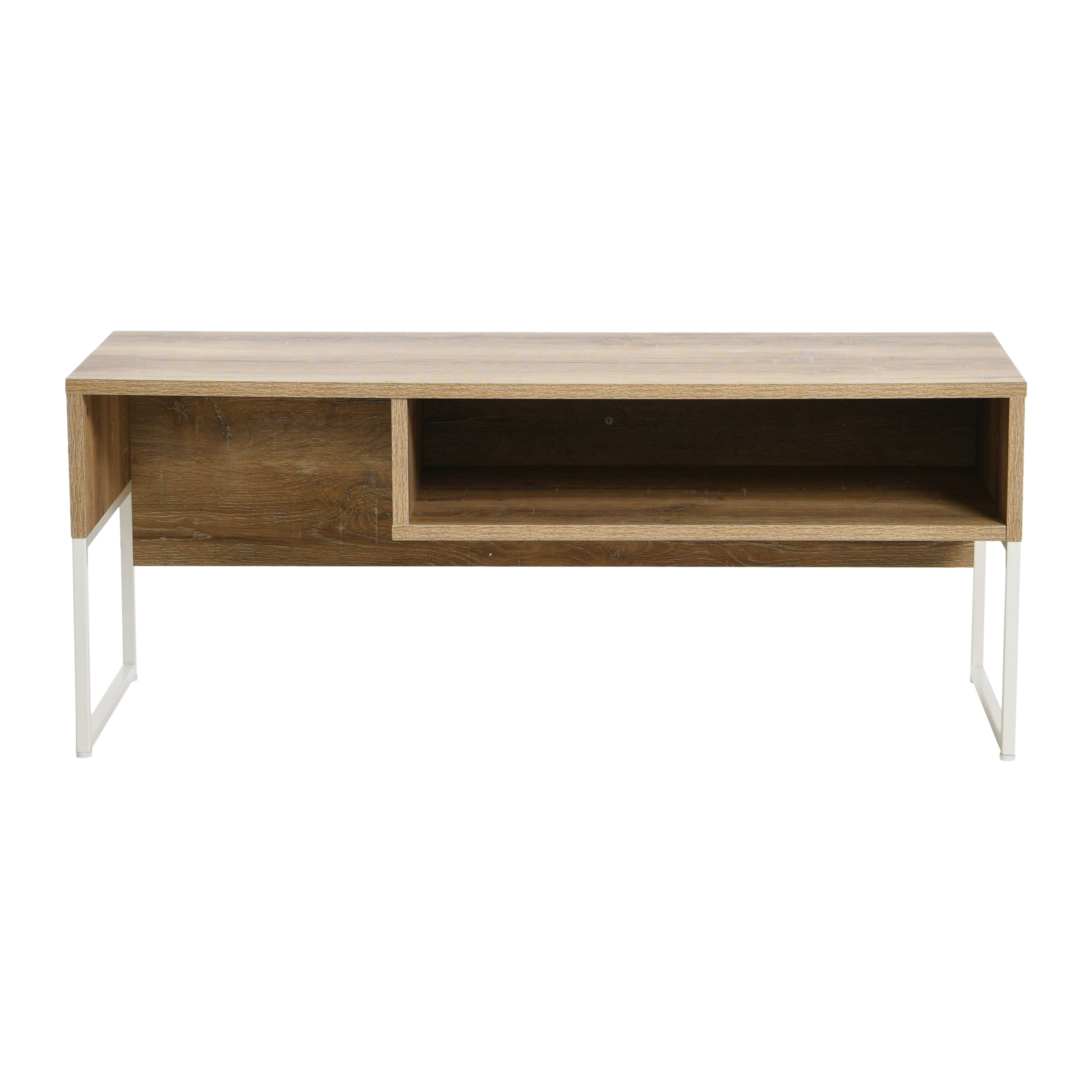Household Essentials Wrap TV Stand with Rectangular Storage Compartment Coastal Oak Rustic Wood Grain and White Metal