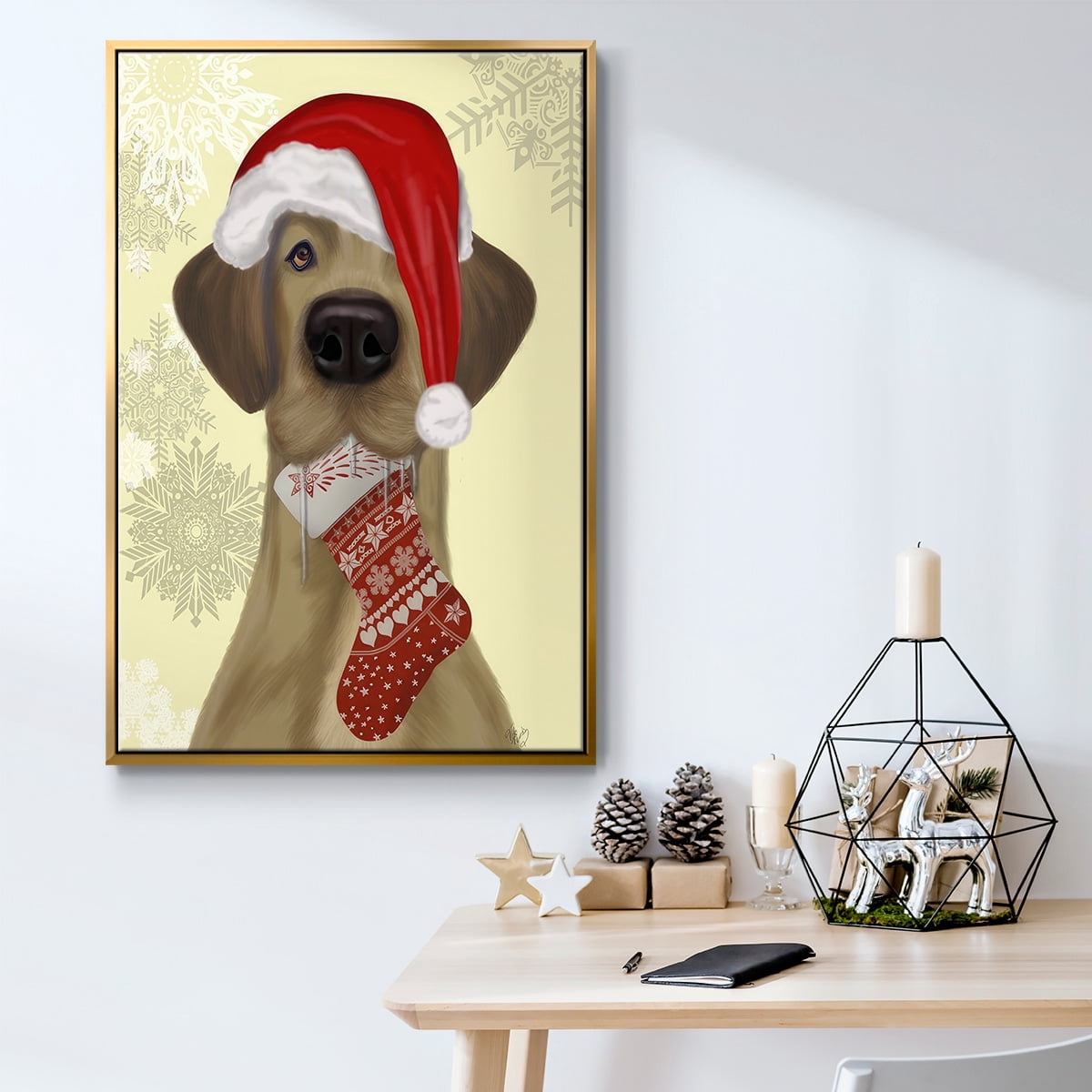 Christmas Drooly Christmas Dane - Framed Gallery Wrapped Holiday Canvas - 17 x 25 - Gold Frame