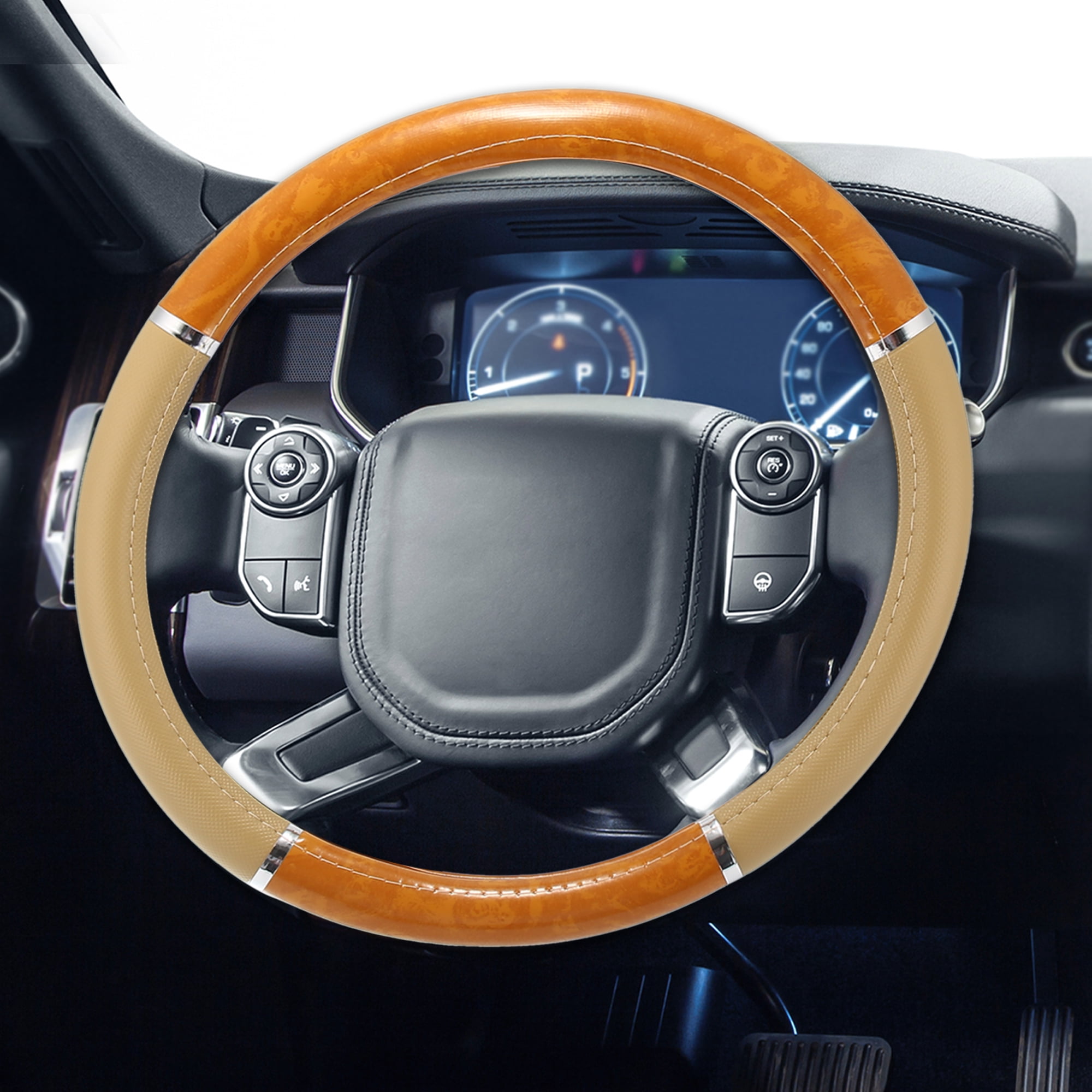 Unique Bargains 15" Universal Anti Slip Steering Wheel Grip Cover for Car Sedan SUV Breathable Wood Grain Khaki Beige