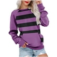thumbnail image 3 of HVOBTTY Womens Long Sleeve Pullover Sweatshirt, Fall Tops for Women, Women's Casual Striped Print Crew Neck Raglan Sleeve Pocket Loose Sweatshirt Purple, XL, 3 of 5