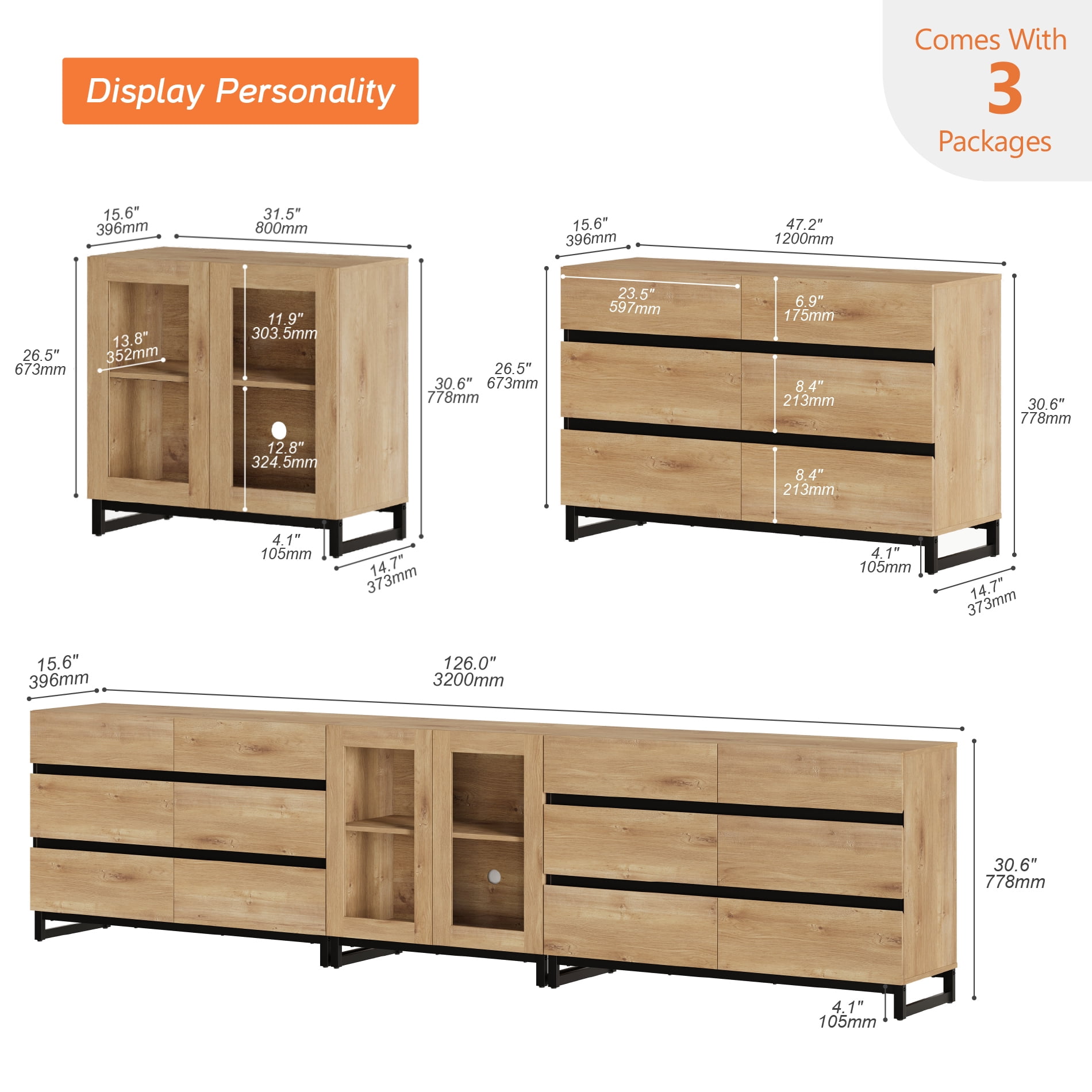3-In-1 Multifunctional Sideboard Buffet with 12 Drawers, Modern Tempered Glass Door Credenza with Adjustable Shelf & Metal Base, Freestanding Coffee Bar Storage Cabinet for Kitchen Living Room