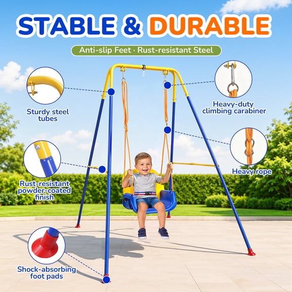 4-in-1 Toddler Swing, Heavy Duty Kids Swing with Foldable Metal Stand, Baby Jumper and Bouncer Swing Set for Aged 6 Months to 10 Years Old Indoor Outdoor Play-Red