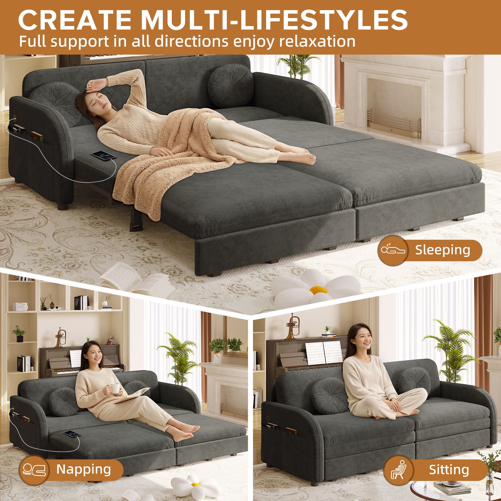 LLappuil Queen Size Pull Out Sofa Bed, Compact Loveseat Sofa Covertible Sofa Bed with USB Port, Side Pocket , Chenille Sofa Couch for Living Room Gray