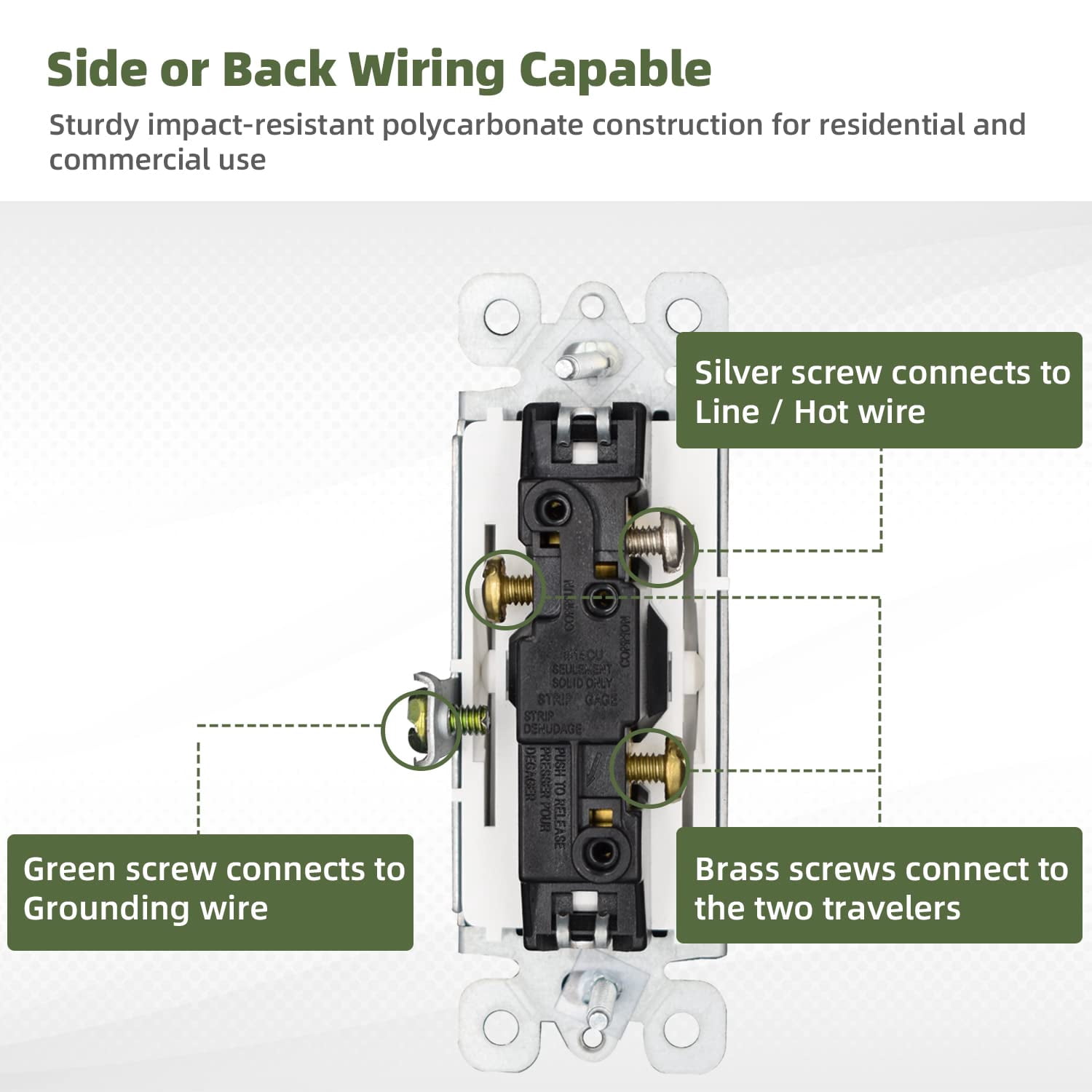 KYascend 3-Way Decorator Wall Light Switch Residential Grade Paddle Rocker, 3 Wires Grounding Screw Single Pole/Three Way 15A 120V/277V UL Listed ,10 PACK
